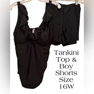 NWT Women's Plus Size Tankini Tummy Control With Boy Shorts Black Size 16W